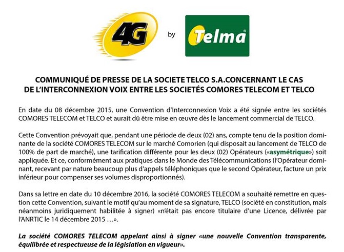 image Interconnexion nationale / Telma exige que Comores Telecom se munisse d’une licence et d’un cahier des charges